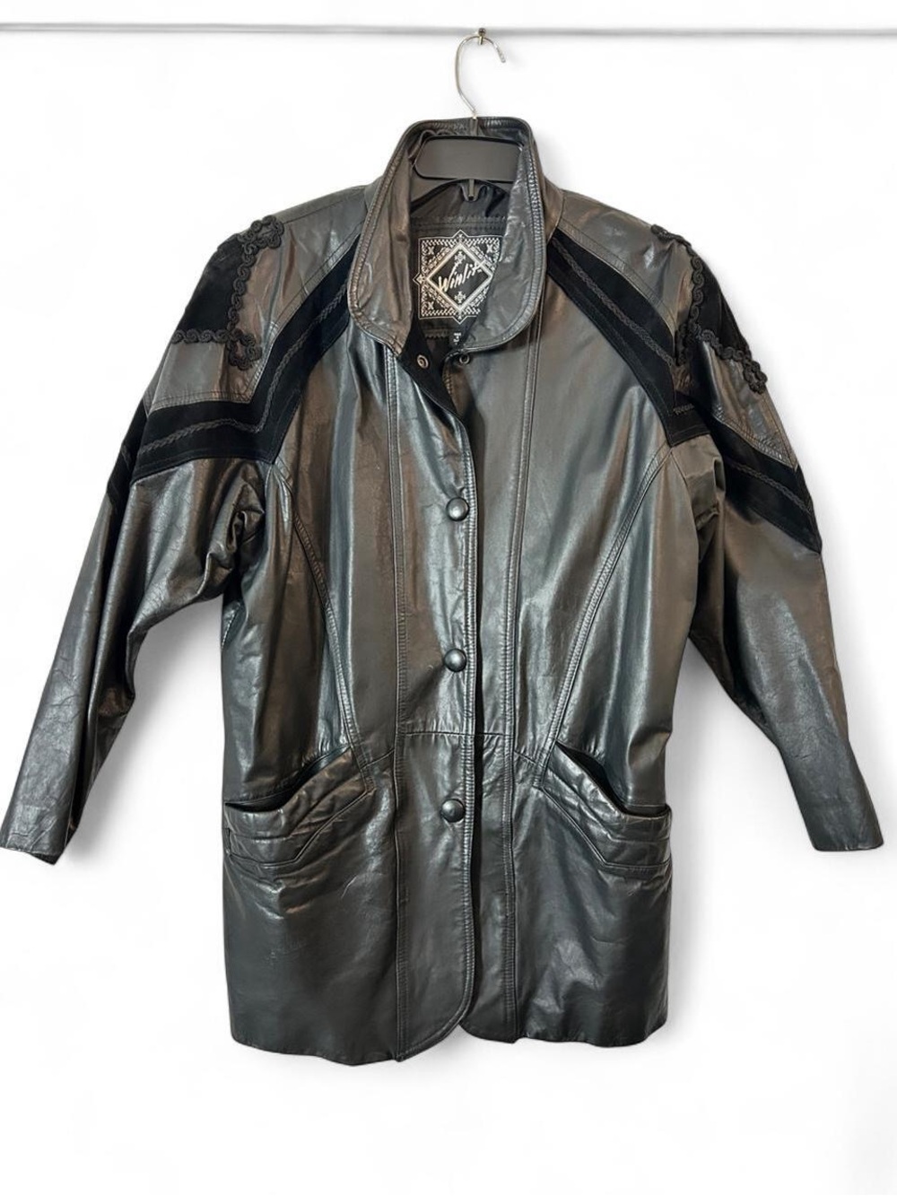 Winlet Black oversized leather statement jacket with black suede and braiding